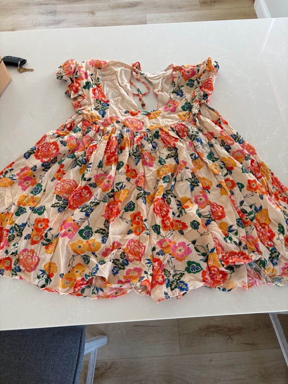 Floral Ruffle Summer short romper Cream with Pink & Orange Blooms stories sz.xl